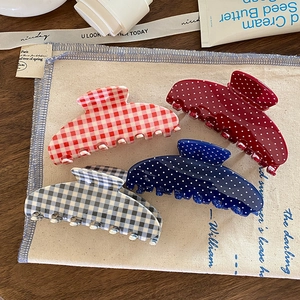 Set of four French vintage acetate hair claws in checkered and polka dot patterns