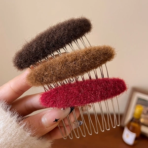 Three-piece set of fluffy plush hair side combs in dark brown, camel, and burgundy colors