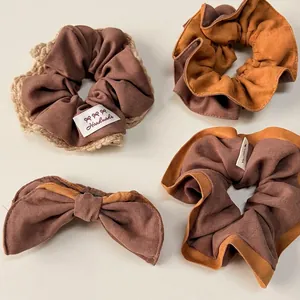 Set of earthy tone scrunchies and bow clip with handmade details for women hair styling