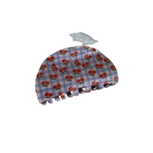 Blue and white checkered hair claw clip with red cherry patterns for women