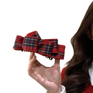 Elegant red plaid bow banana hair clip for women with vintage golden stitching details