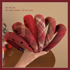 Festive Red Plaid Fabric Headband For Women New Year Christmas Padded Wide Brim Handmade Thickened Autumn Winter Hair Band