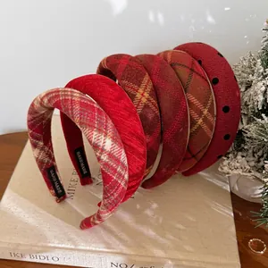 Red plaid and knitted headbands set for women with handmade labels and soft texture
