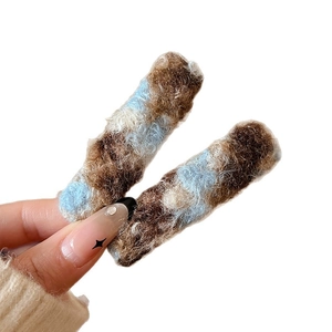 Barrettes à cheveux en peluche bleue et marron pour femmes, style hiver élégant