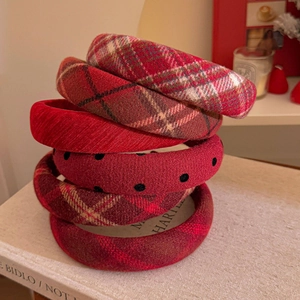 Set of six red vintage padded headbands in plaid and polka dot patterns for autumn winter