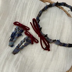 Retro denim plaid headband and velvet bow hair clips set for women fashion accessories