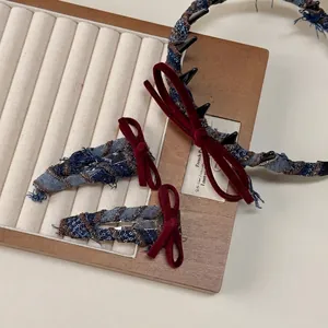 Retro denim plaid headband with velvet bow and matching hair clips set for women