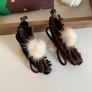 Vintage Satin Bow Fur Ball Banana Clip Autumn Winter Elegant Hairpin High Horsetail Vertical Hair Clip For Women Jewelry