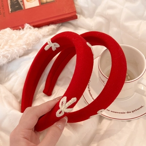 Set of two thick red velvet headbands with embroidered white bows for high crown hairstyle