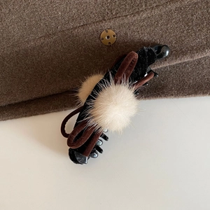 Vintage velvet bow banana hair clip with cream fur balls for elegant high ponytail styles