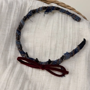 Vintage denim plaid headband with toothed comb and deep red velvet bow accessory