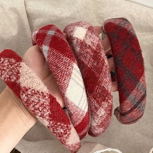Red plaid plush headband set with festive Christmas and New Year lattice patterns