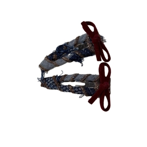Vintage denim checkered hair clips with deep burgundy velvet bows for a retro aesthetic