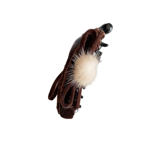 Vintage coffee velvet banana hair clip featuring a soft white faux fur pompom detail