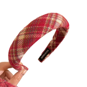Red and yellow plaid thick velvet headband for women in a handmade classic style