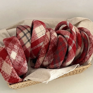 Red plaid plush headband for women with wide thick tweed fabric for Christmas and New Year