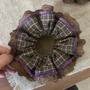 Vintage checkered scrunchie with purple velvet trim and brown lace edge for women