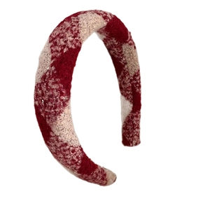 Red and white checkered thick sponge headband in retro plaid tweed fabric for women