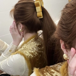Golden velvet bow hair clip and hammered textured round hoop earrings set for women
