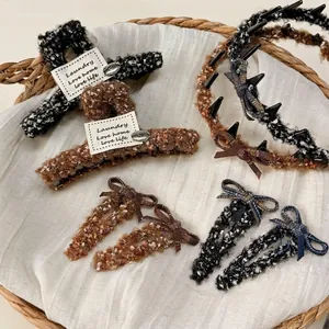 Autumn Winter Tweed Bowknot Hair Accessory Set Plush Fabric Hair Claw Clip Non-Slip Headband Snap Clips For Women