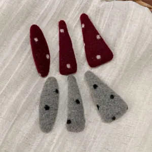 Red and grey wool felt polka dot hair clip set with six elegant minimalist patterns