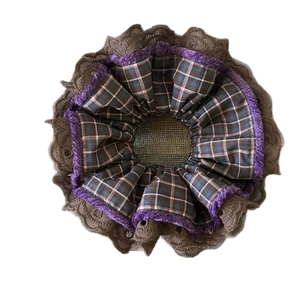 Vintage purple plaid scrunchie with brown lace trim and velvet edge for women's hair