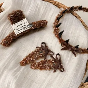 Brown plush hair accessories set with snowflake pattern clip and bow headbands