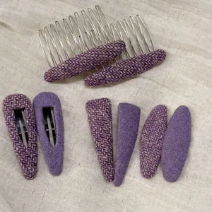 Purple tweed fabric hair clip set including metal combs and geometric BB hair clips