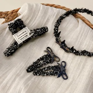 Elegant tweed snowflake hair clip and headband set with bow design and metal shark claw