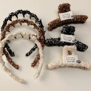 Detail showing tweed hairband and shark clip set with silver thread and anti-slip teeth