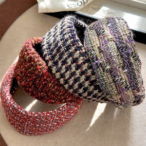 French Vintage Tweed Headband For Women Elegant Wide Thick Padding Hair Hoop Retro Knitted Fabric Hair Accessories Daily Party