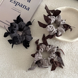 Three-piece Korean woven bow scrunchies in gray, beige, and leopard print designs