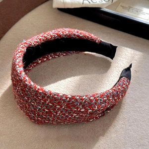 Elegant wide red and grey tweed headband for women featuring vintage French bouclé fabric