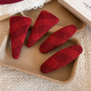 Set of 4 red plaid fabric hair clips including water drop and oval shapes for women