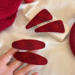 Red plaid fabric hair clips set with triangular and oval shapes for women