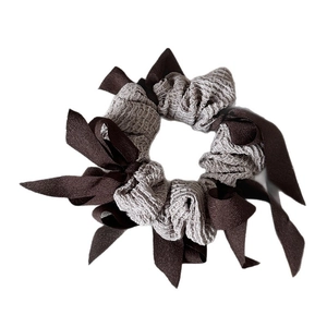 Knitted grey and dark brown silk bow scrunchie for vintage autumn hair styling
