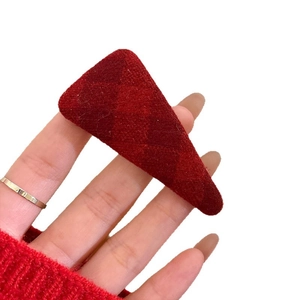Red plaid fabric BB hair clip for women with quilted velvet texture in triangle shape