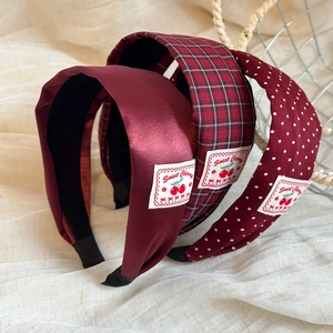 Red Plaid Polka Dot Cherry Fabric Headband Wide Hair Hoop Festive New Year Hair Accessories For Women