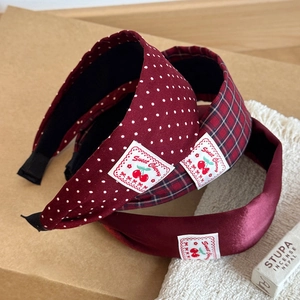 Three-piece red plaid and polka dot headband set with vintage retro style design