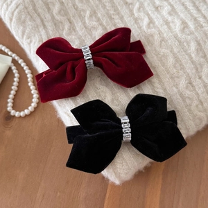 Elegant velvet bow hair clips with rhinestones in black and wine red colors