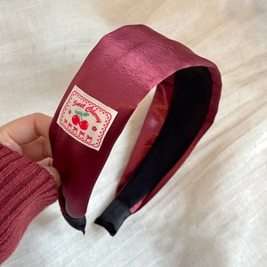 Elegant wine red satin wide headband with Sweet Cherry embroidery for women