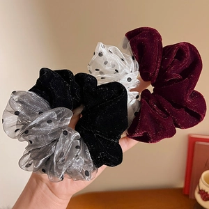 Elegant Velvet Mesh Polka Dot Stitching Scrunchie For Women Retro Large Intestine Hair Ring High Elasticity Hair Tie Accessory