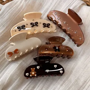 Vintage Maillard Acetate Bow Hair Claw Clip With Rhinestones Handmade Shark Clip Fashion Hair Accessories For Women