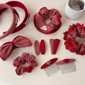 Accessori per Capelli a Quadri Rossi in Stile Coreano per Bambini Dolce Fiocco Cuore Ciliegia Fermagli per Capelli Fasce Scrunchies Gioielli