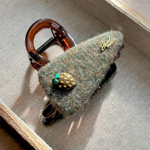Vintage tweed strawberry hair claw clip with handmade metal label and resin grip