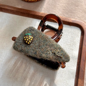 Vintage dark grey felt strawberry hair claw clip with golden handmade metal label