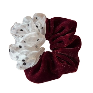 Burgundy velvet and white mesh polka dot scrunchie hair tie for women's bun hairstyles
