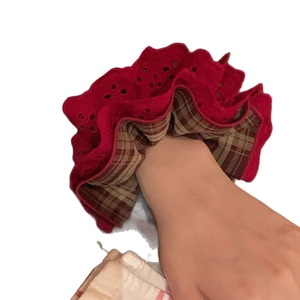 Red lace and brown plaid oversized scrunchie for elegant bun hair styling accessory
