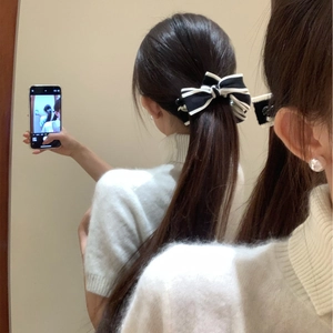 French style black and white ribbon bow banana clip for elegant ponytail hairstyles