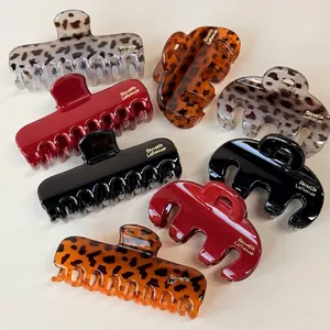 Elegant rectangle resin hair claw clips set in leopard, red and black colors
